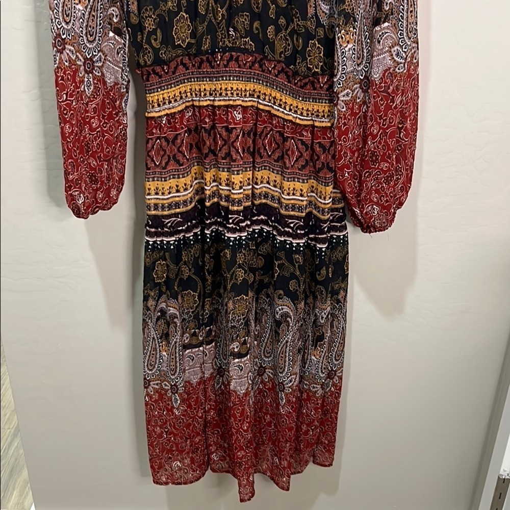 Fig & Flower Anthropologie Dress Sheer Boho Paisley Bishop Maxi Fall Rust Brown - Picture 3 of 16